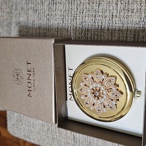 Monet Compact Double Mirror Gold Tone Crystals And Pearls